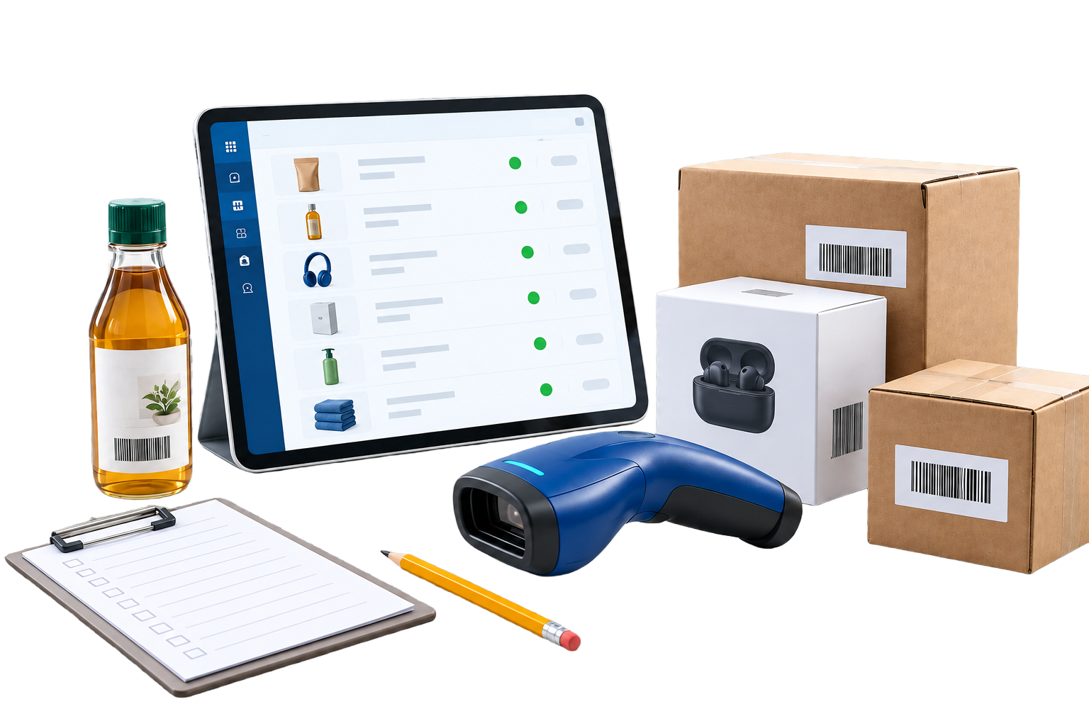 Inventory product concept with a tablet, barcode scanner and labelled retail stock.