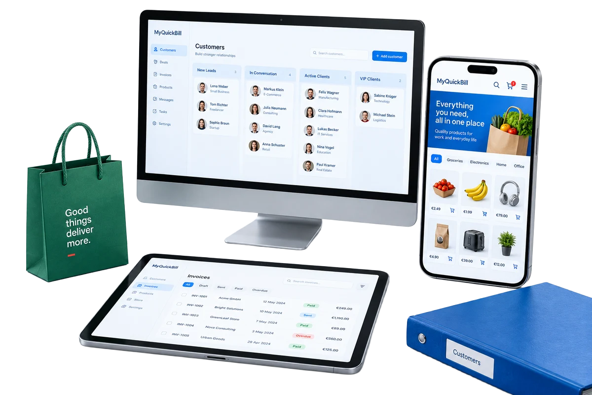 CRM, client invoices and online storefront concepts across desktop, tablet and mobile.