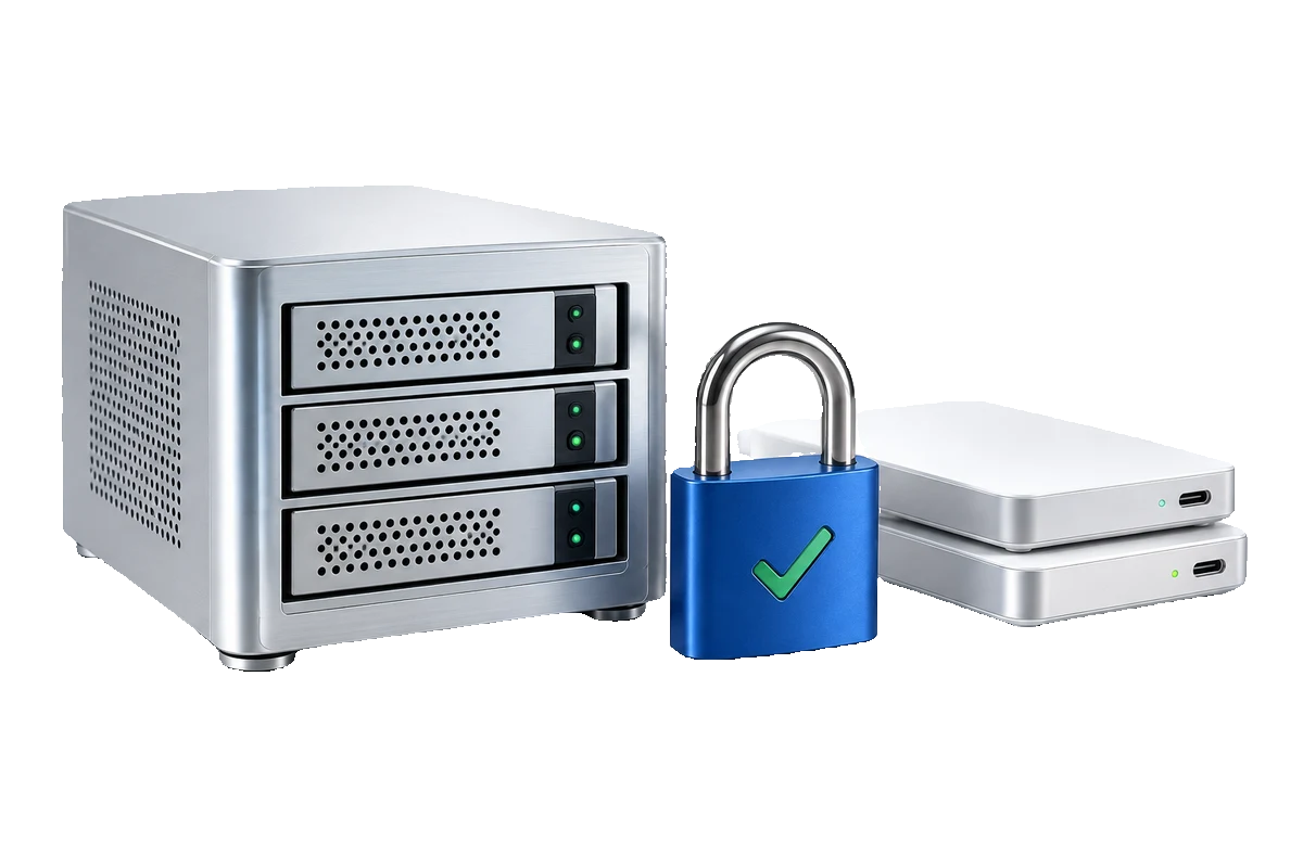 Security concept with a server, lock and backup drives.