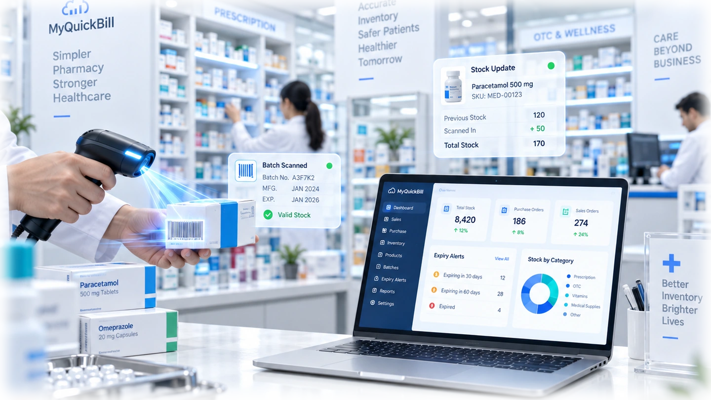 MyQuickBill pharmacy batch, expiry, billing and stock dashboard