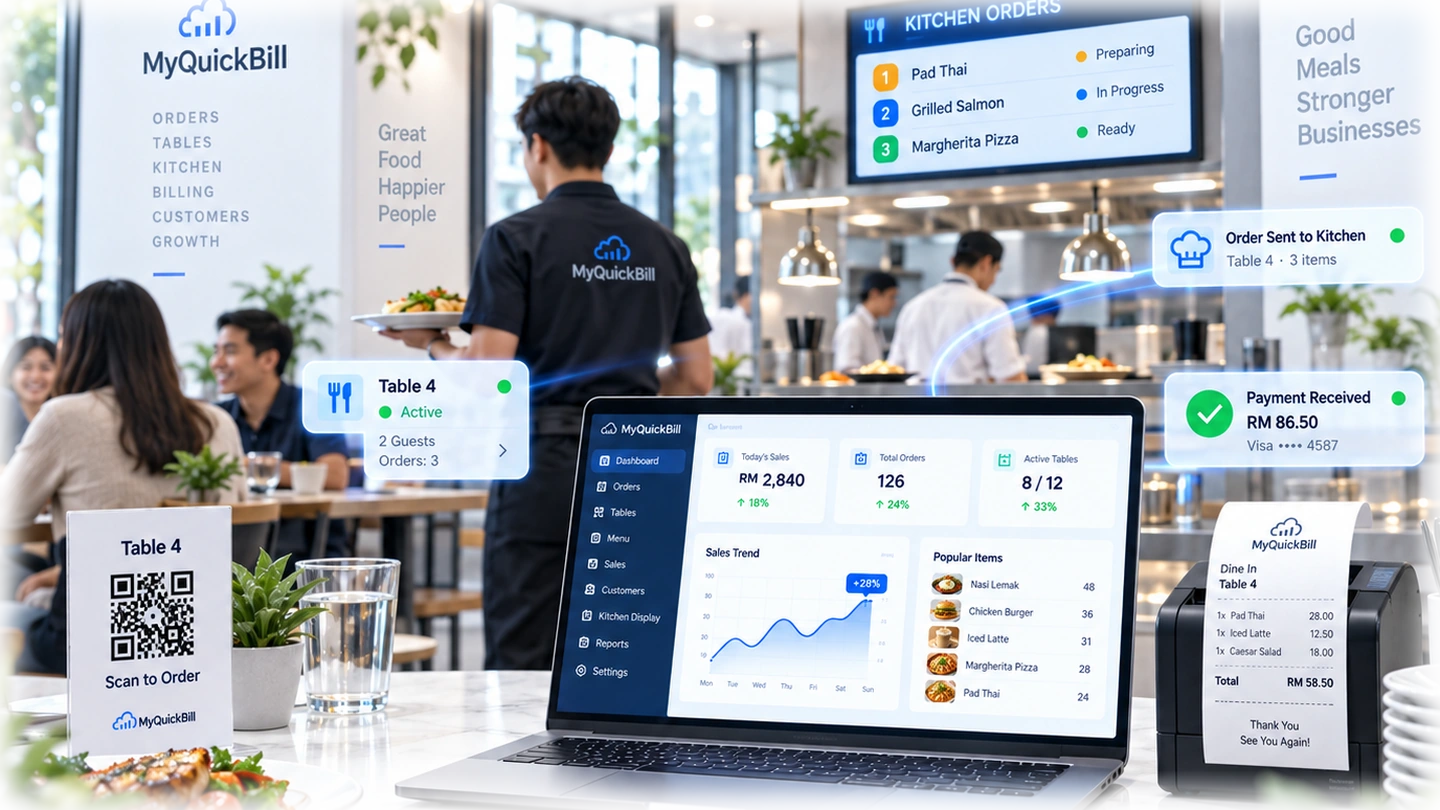 MyQuickBill restaurant POS, table orders, kitchen workflow and payment dashboard