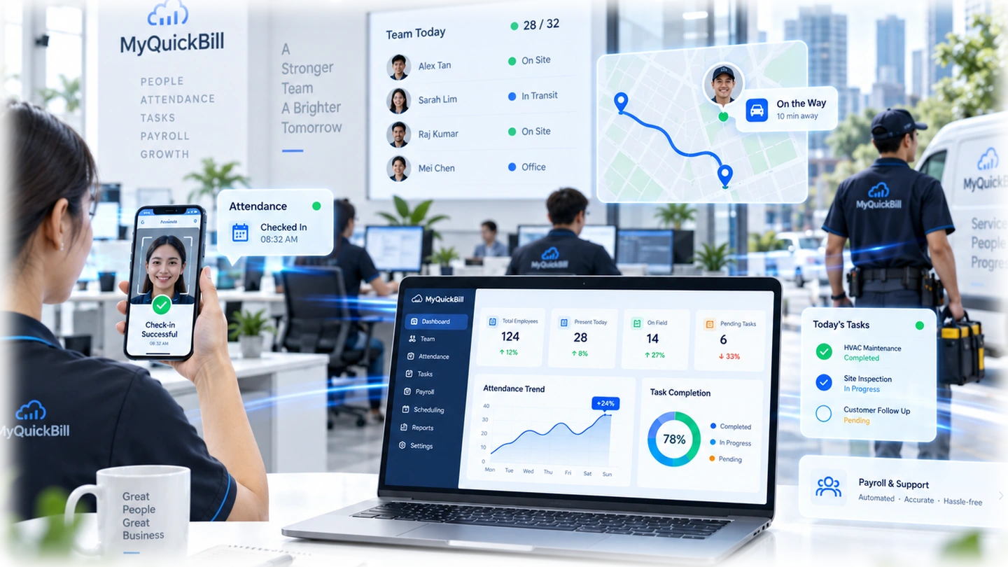 MyQuickBill staff attendance, GPS tracking, tasks and workforce dashboard